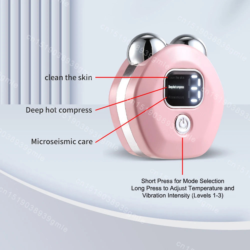 Pink, round facial massager with dual metal roller heads, a digital display screen, and a power button.