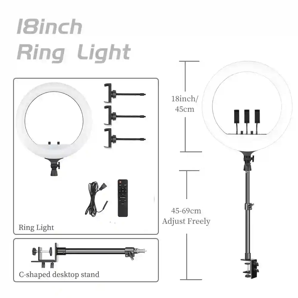 18-inch LED ring light with three phone holders, remote control, and adjustable C-clamp desktop stand for photography.