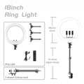18-inch LED ring light with three phone holders, remote control, and adjustable C-clamp desktop stand for photography.