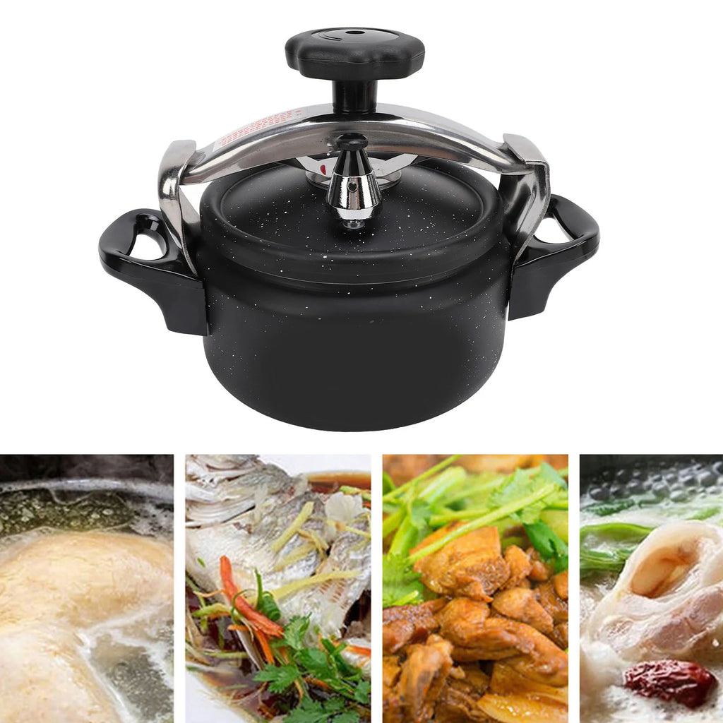 Black speckled pressure canner with domed lid, steam valve, and black top knob