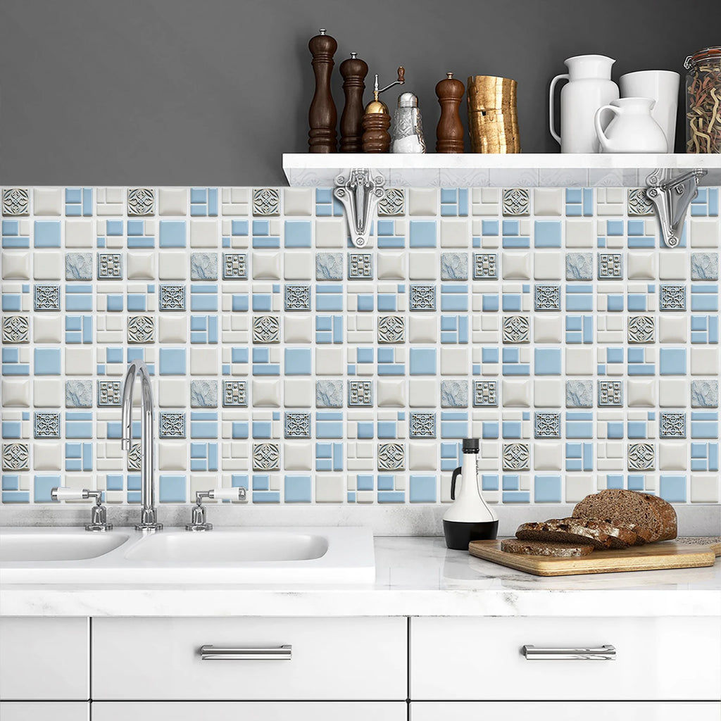 10pcs Flat Mosaic Tiles Sticker Set Kitchen Bathroom Wall Decals Gloss Waterproof Film 2D Surface Cover Transfers for Home Decor