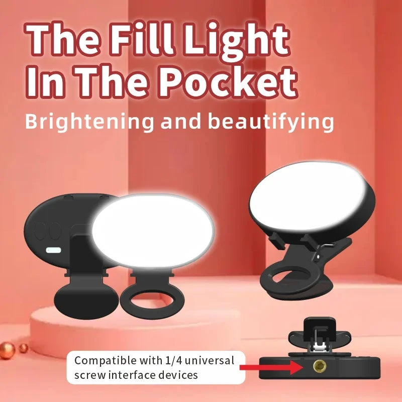 Small, round black LED clip-on fill light for smartphones and cameras with a universal screw mount.