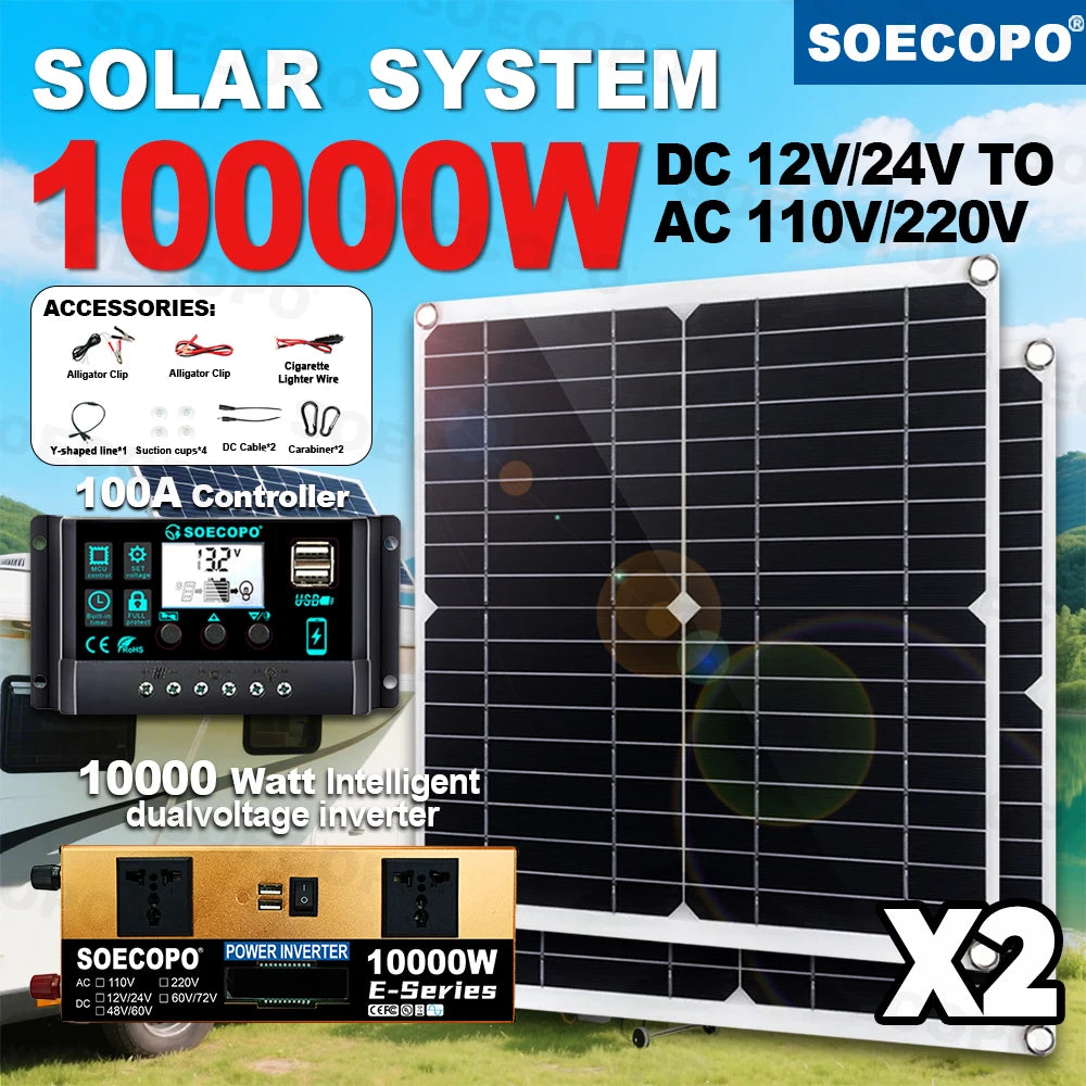 SOECOPO10000W Peak Solar System Kit 2x300W Solar Panels DC 12V 24V - AC 110V/220V Inverter 100A Controller for Home Camping