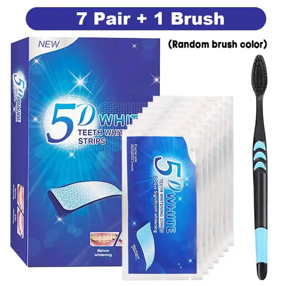 5D teeth whitening strips in a box with 7 foil packets and a black toothbrush.