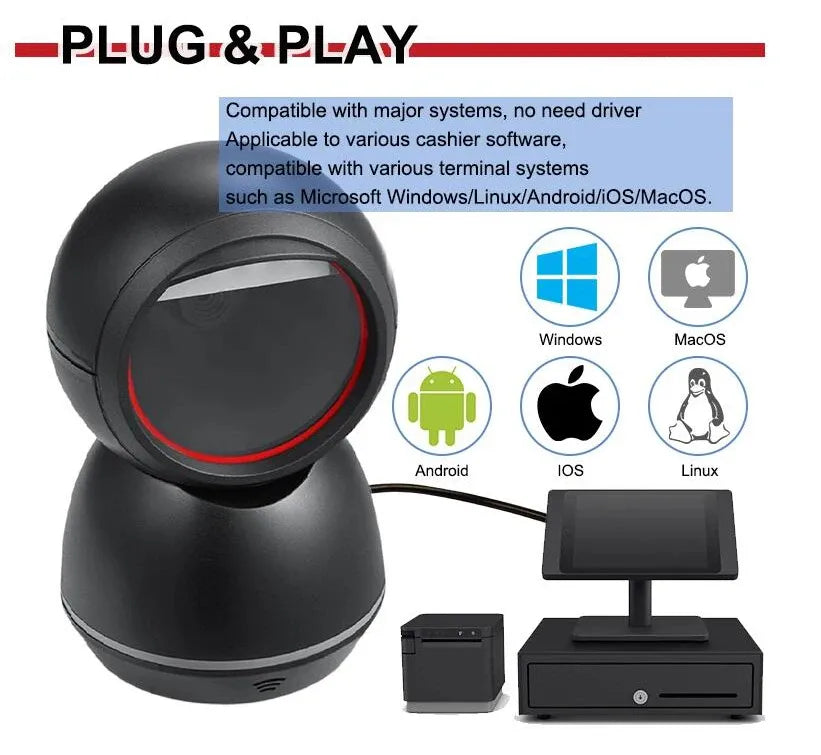 Black desktop 2D barcode scanner with compatible systems icons and linked devices