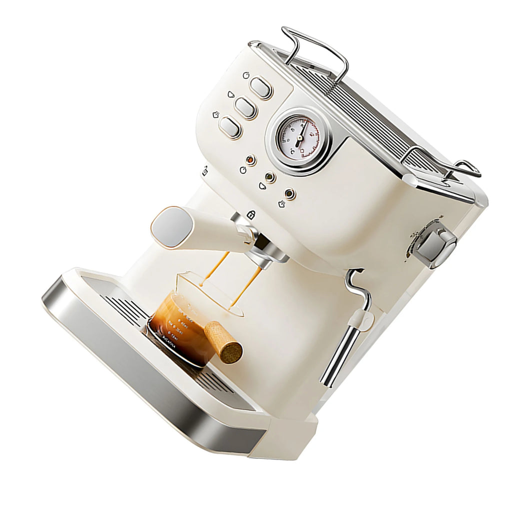 Retro cream espresso machine with pressure gauge, steam wand, and portafilter dispensing coffee into a glass cup.