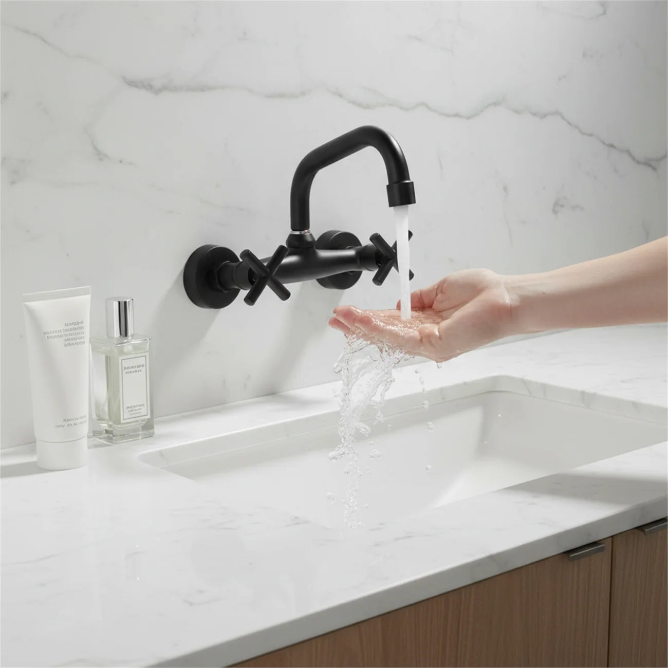 2-Handle Wall Mount 2-hole Bathroom Faucet Black, Copper & Ceramic 14.5-16.5cm Mounting Hole Distance 360° Rotatable