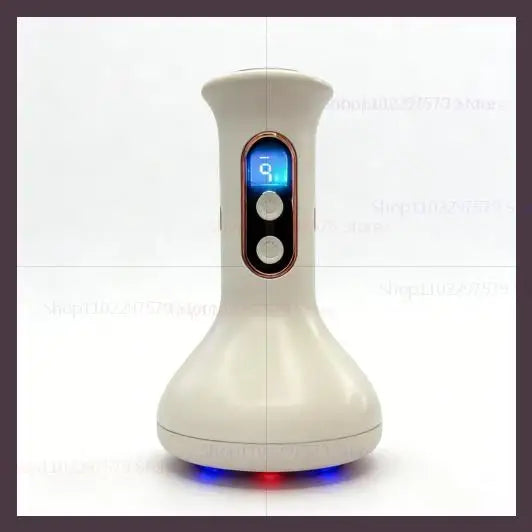 Handheld white plastic ultrasonic cavitation device with a digital display and two buttons for skin and body toning.
