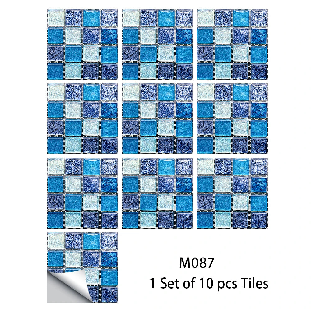 10pcs Flat Mosaic Style Tiles Sticker Kitchen Bathroom Waterproof & Oilproof Art Wall Sticker Peel & Stick Surface Glossy Film