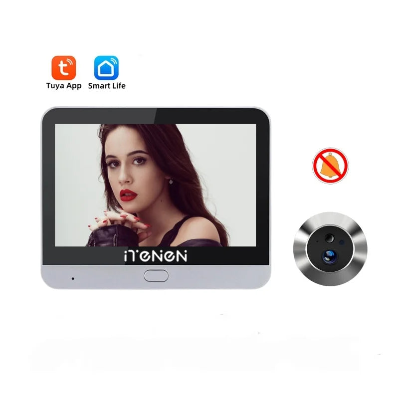 Silver smart door peephole camera with 4.3-inch display and circular camera lens