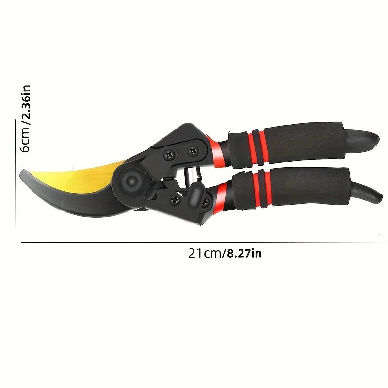 Pruning shears with yellow blade and black handles, red grip wraps; shown with size