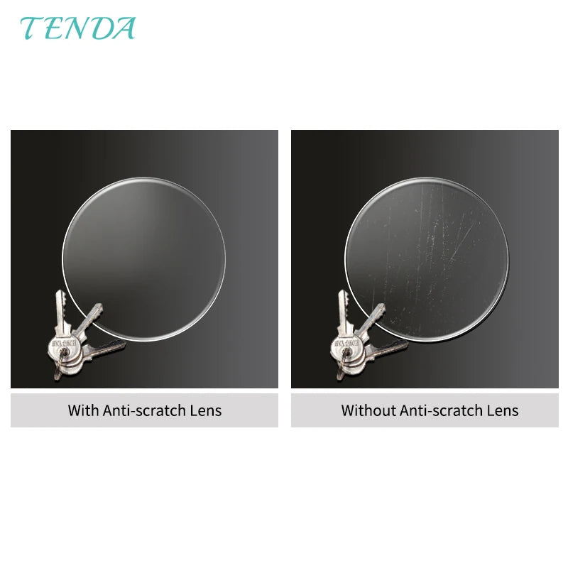 Comparison of round transparent lenses next to metal keys: one smooth, one scratched, demonstrating scratch resistance.