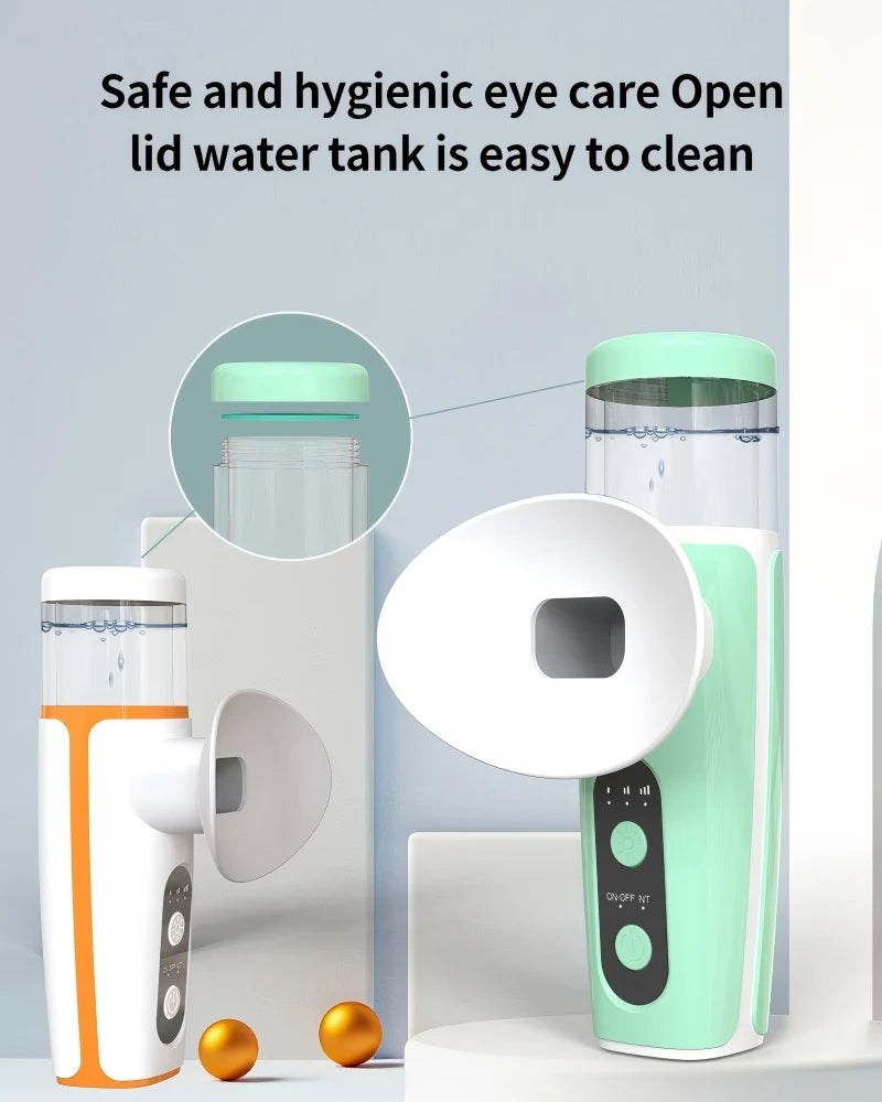 Portable USB rechargeable eye misting device with easy-to-clean water tank for hot and cold moisturizing eye care.