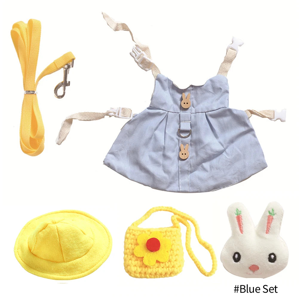 Cute blue rabbit vest harness set with leash, yellow hat, and flower bag for outdoor small pet walking.