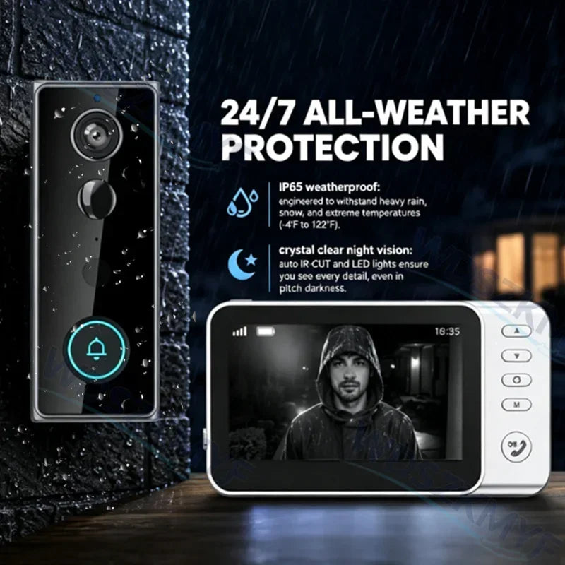 Waterproof 4000mAh Video Monitoring Doorbell 4.3 Inch IPS screen PIR motion sensor Two-way intercom 1080P Video Doorbell Camera