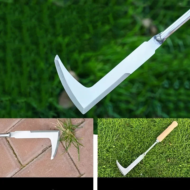 L-shaped weeding tool head close-up with wooden handle, shown in multiple angles.