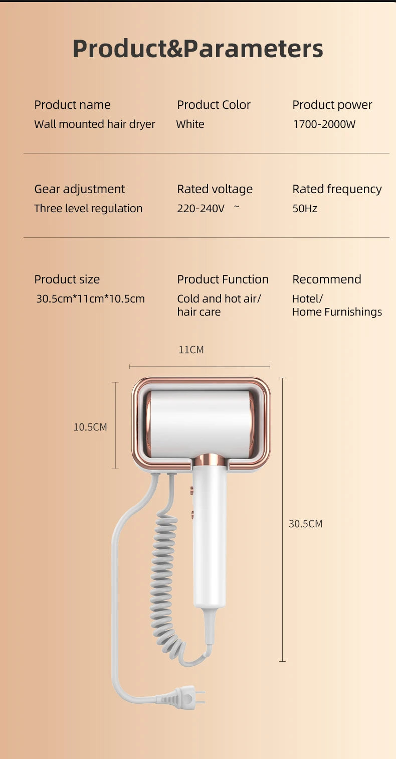 White wall-mounted hair dryer with rose gold trim, 3-speed heat settings, and convenient coiled power cord.