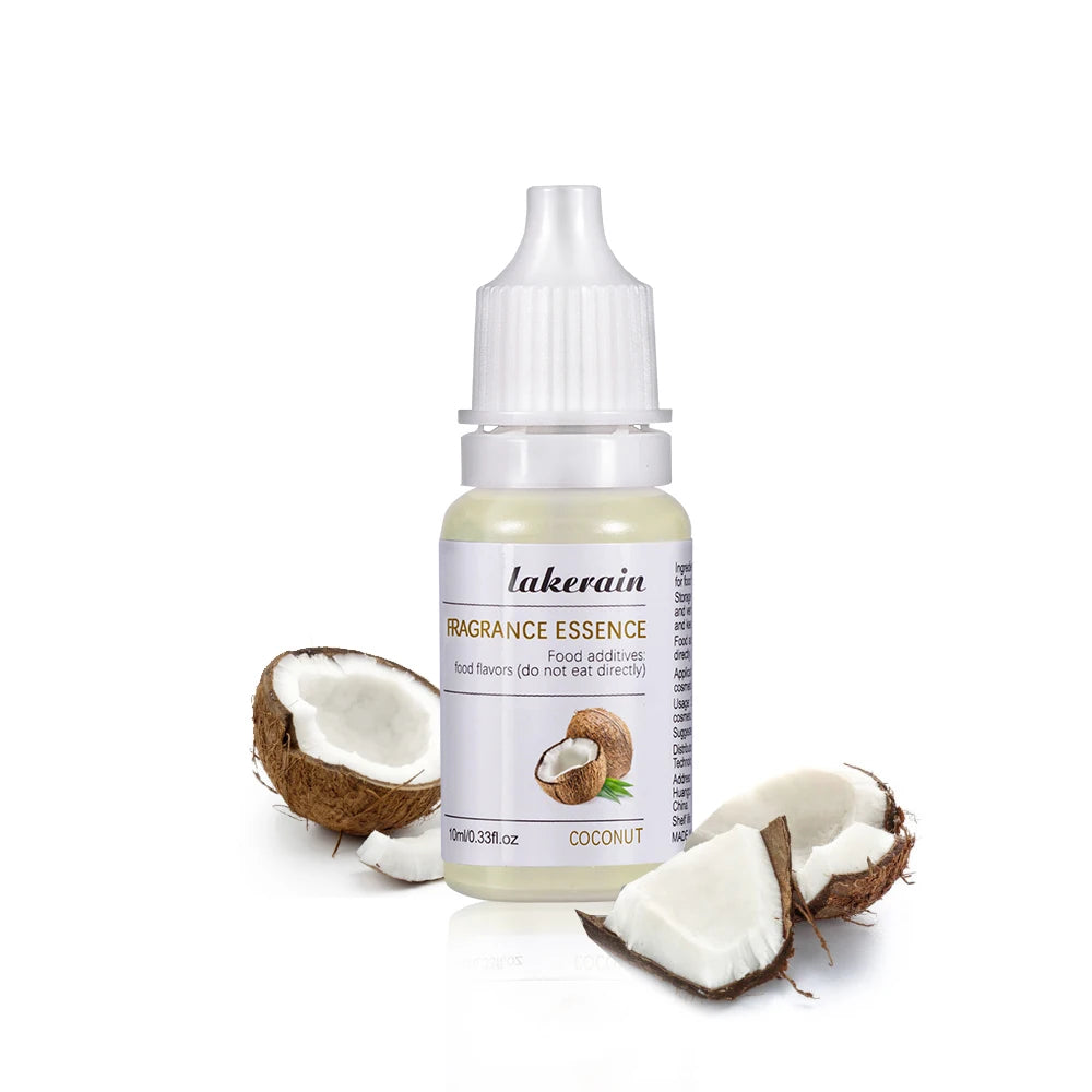 10ml Lakerain coconut fragrance oil for DIY lip gloss and soap making. Clear liquid in a dropper bottle with coconut.
