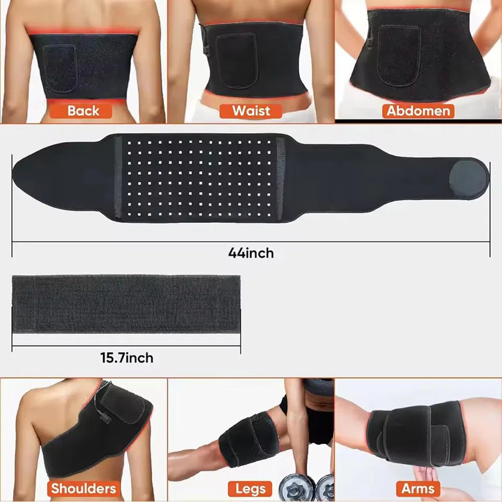 Black red light therapy belt wrap for pain relief on back, waist, abdomen, shoulders, arms, and legs. 44-inch length.