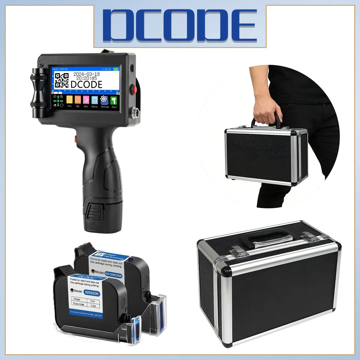Handheld inkjet printer with black suitcase case and small ink cartridge, showing QR label on screen