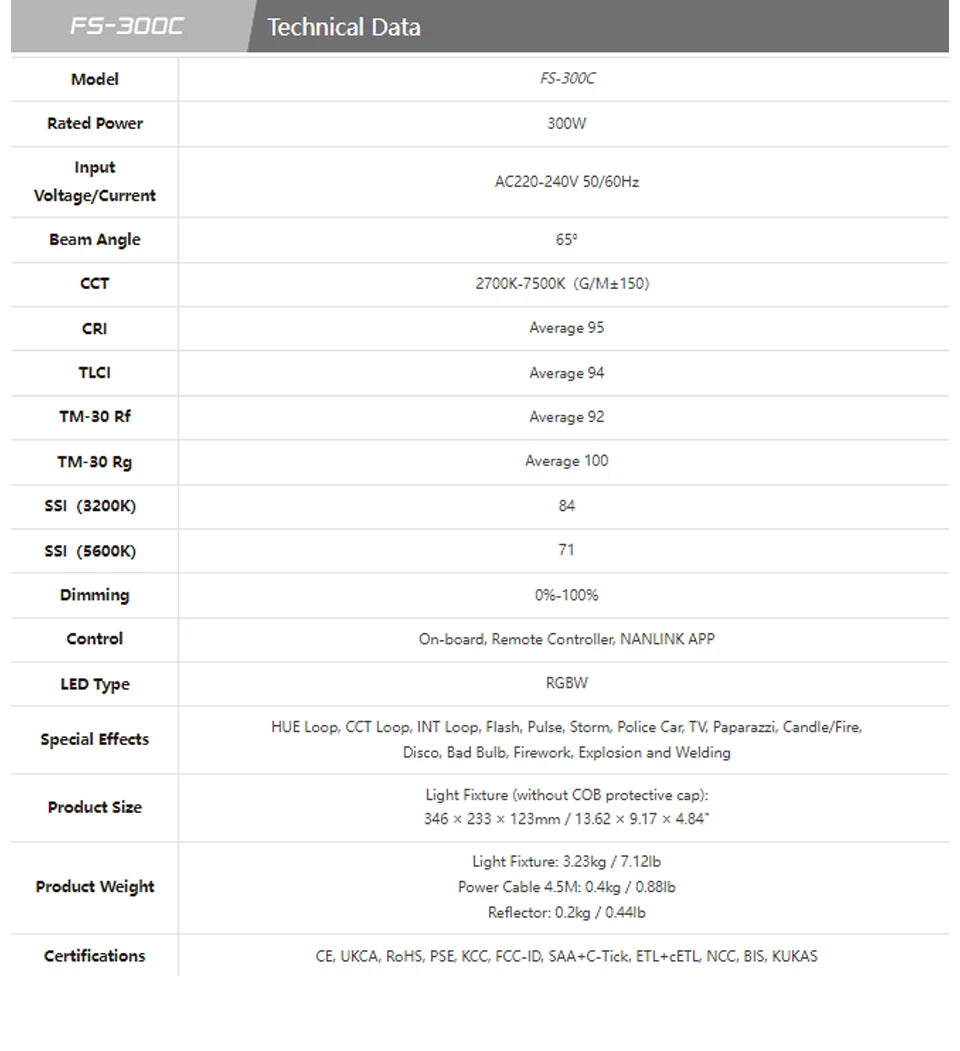Technical specifications chart for the FS-300C 300W RGBW LED video light featuring dimming and special lighting effects.