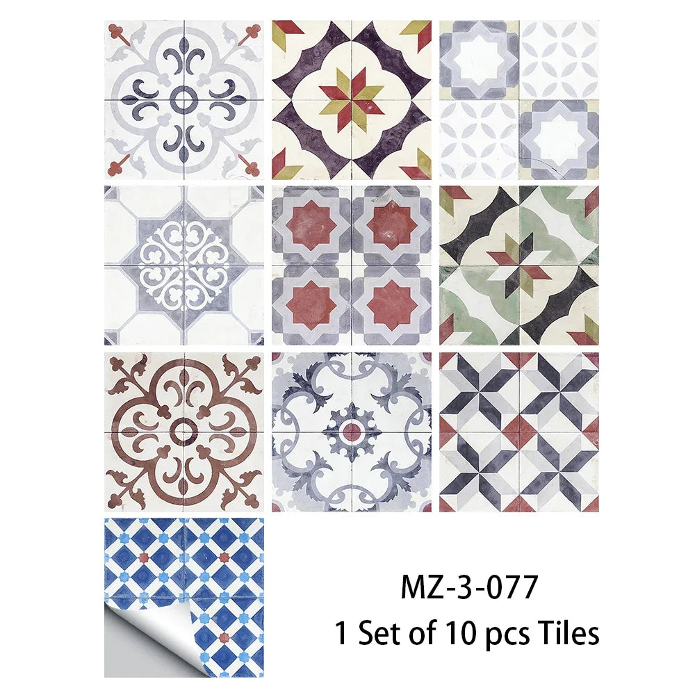 Waterproof non-slip tile floor sticker set with blue and cream geometric cross patterns
