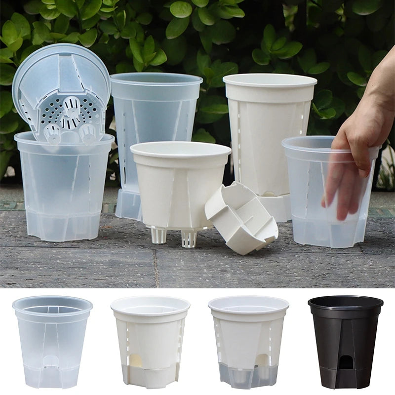 Double-layer self-watering plant pots, transparent plastic, round with drainage base, set of multiple