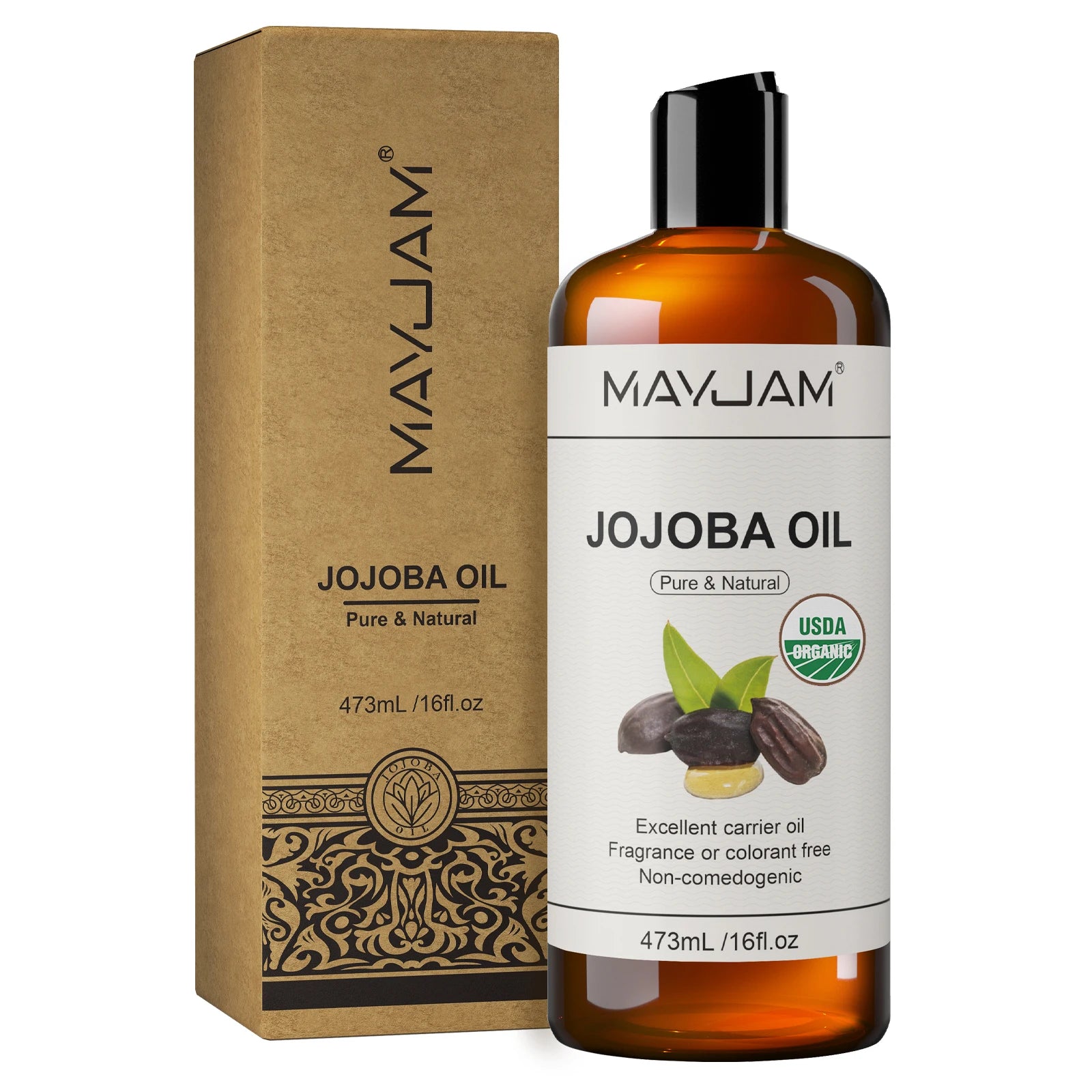 Jojoba oil bottle and kraft box, pure & natural 473 mL