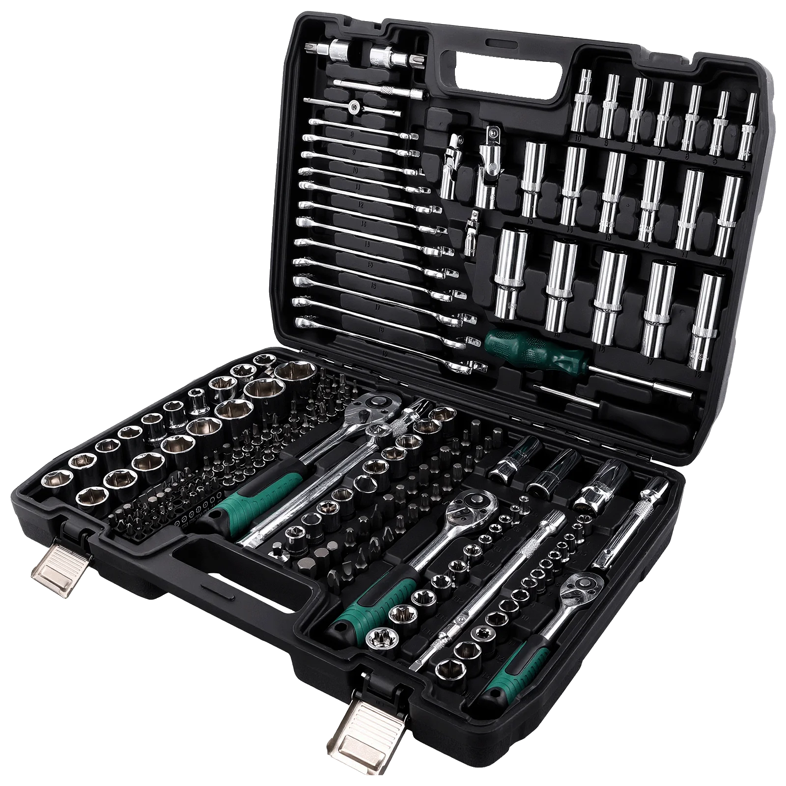 Podofo 216Pcs Advanced Auto Repair Mechanic Tools Socket Wrench Sets 1/4" 3/8" 1/2" Socket Wrench Sets with 24-Tooth Ratchet Wrench Ergonomic Ratchet Wrench Mechanic Tool Set For Automotive Motorcycle Repair & Home, Garage Ma