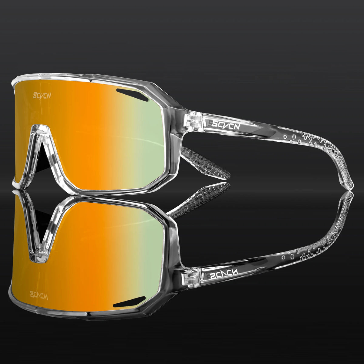Cycling sunglasses with clear frame and orange reflective lenses