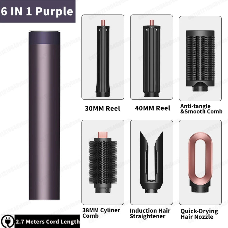 SenCiciMen 6-in-1 purple multi hair styler set with curling barrels, smoothing combs, dryer nozzle, and long power cord.