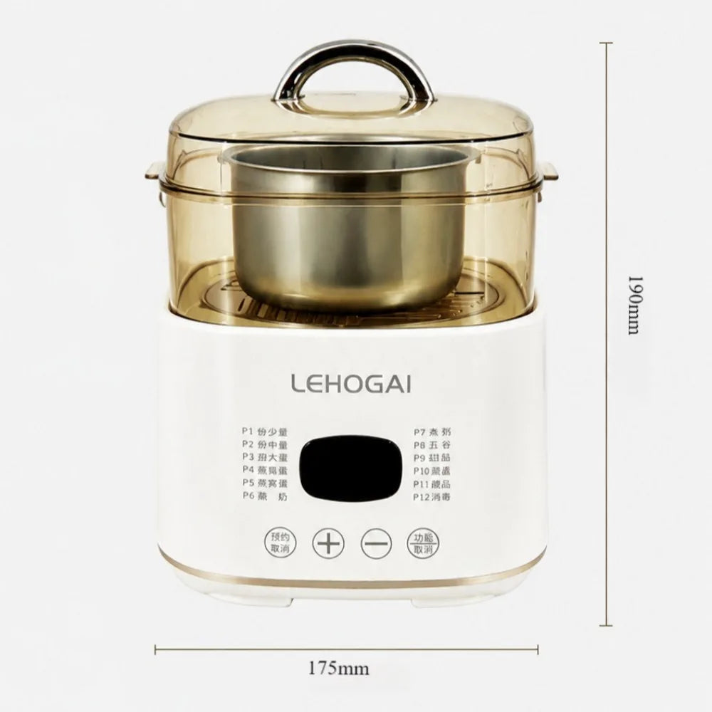 White electric egg steamer with metal inner pot; height measurement shown on product view
