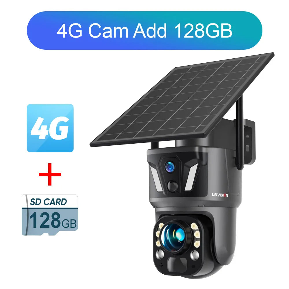 4G solar outdoor security camera bundle with solar panel and dual-lens housing