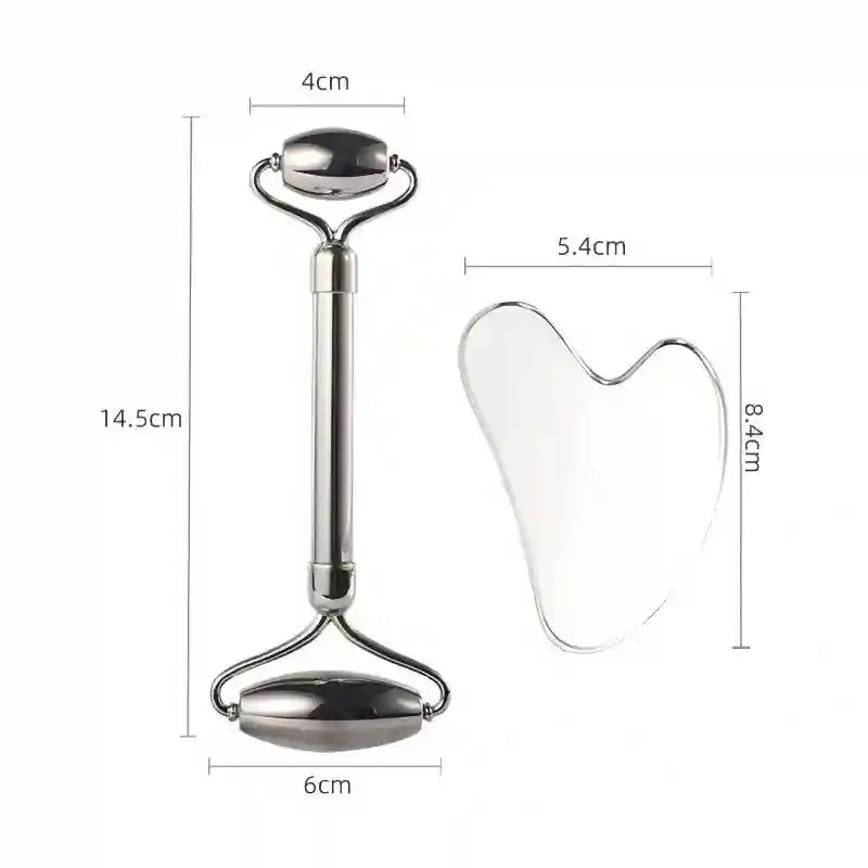 Stainless steel double-ended face roller and heart-shaped gua sha tool with dimension labels.