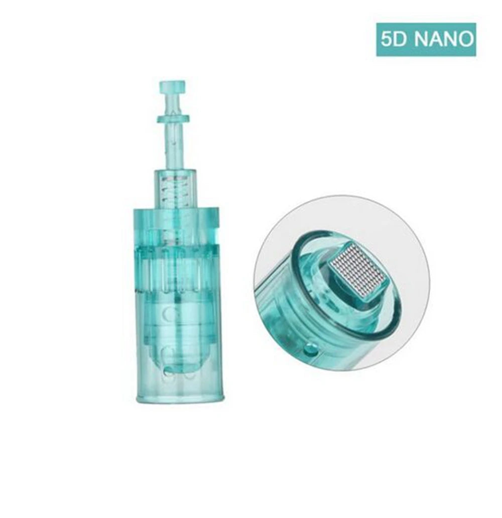 5D nano microneedle cartridge, translucent teal plastic, for facial skin microneedling treatment.