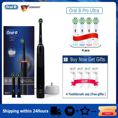 Oral B Pro Ultra electric toothbrush with AI, 4 modes, pressure sensor, 3 brush heads, and 4 free protective caps.