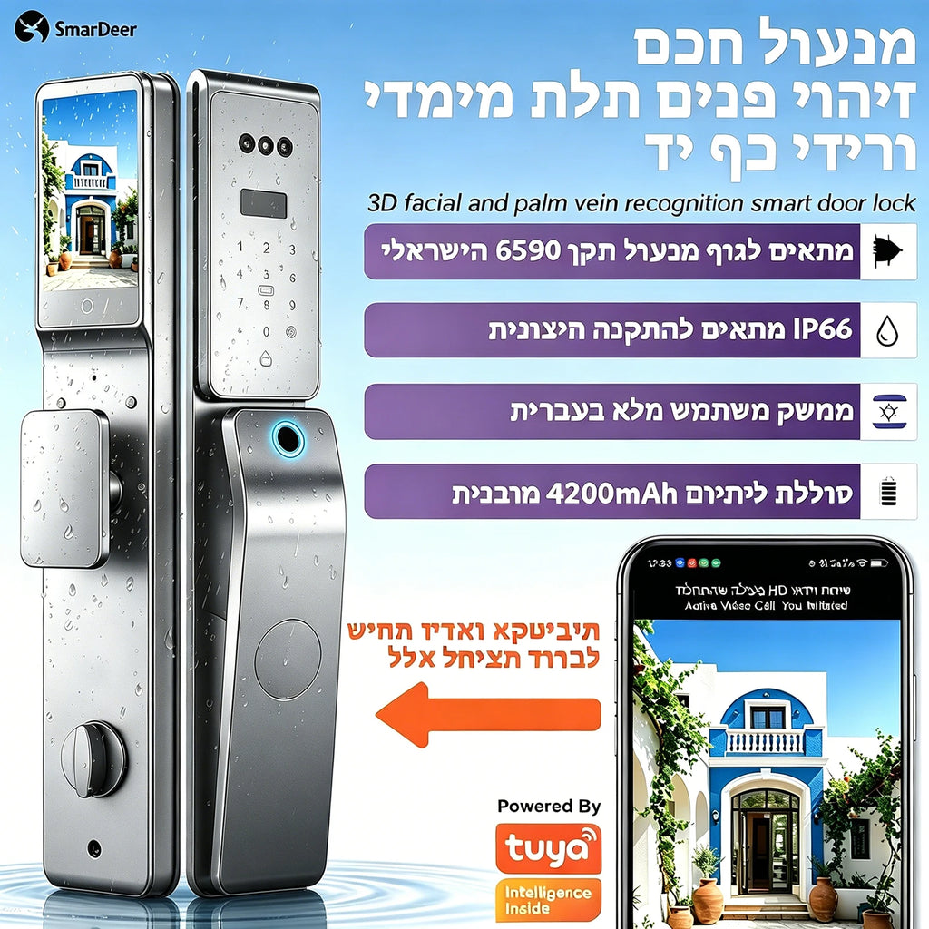 SmarDeer Israel 6590 Mortise Smart Lock for Tuya,IP66 Waterproof 3D Face & Palm Vein Recognition Lock with Hebrew,Tuya Wifi Lock