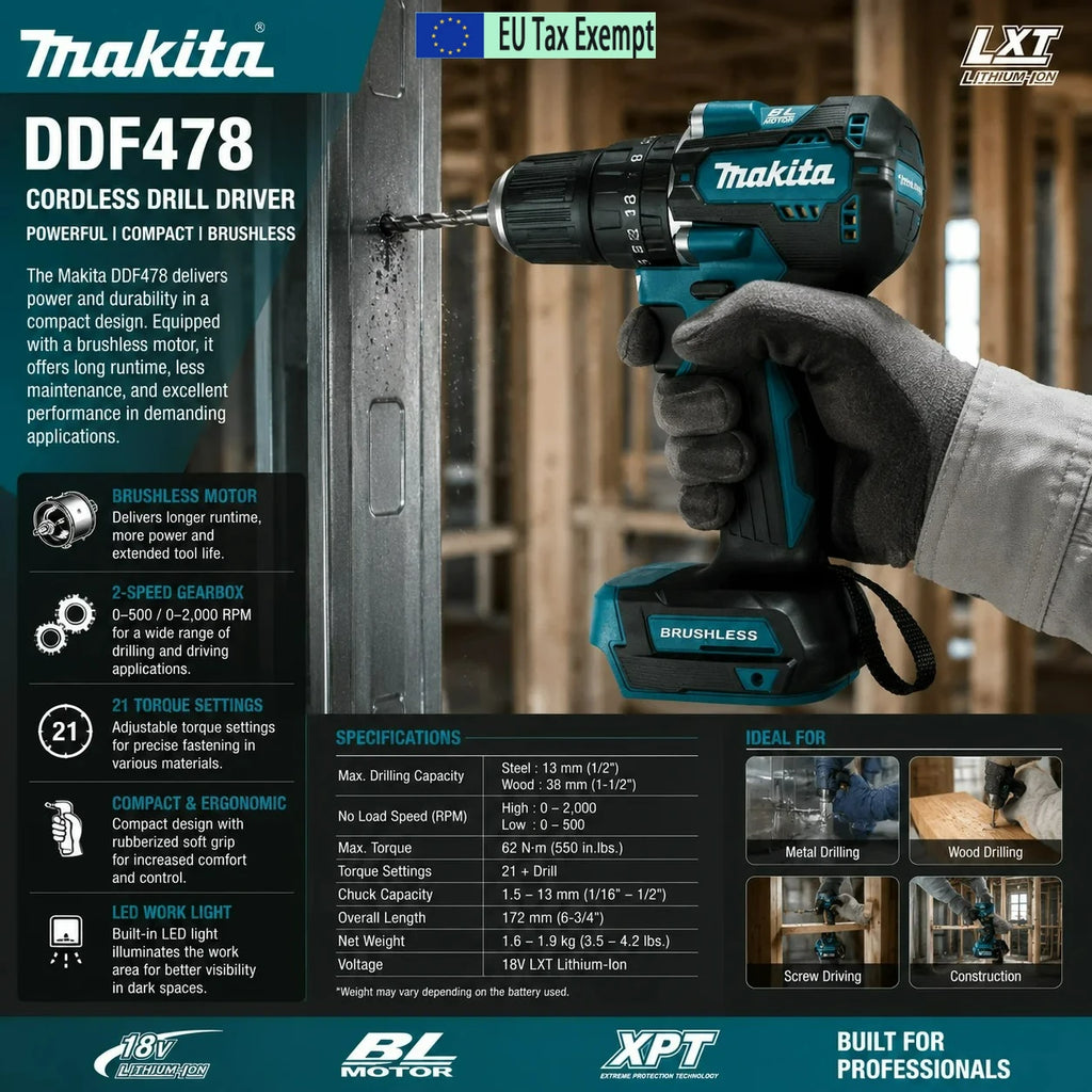 Makita DDF487 Cordless Drill Driver 18V Brushless Power Tool with BL1860 6.0Ah Lithium Battery Compact High-Torque Screwdriver for Wood Metal Home Repair Furniture Assembly Professional DIY Use Fast Charging Compatible Heavy