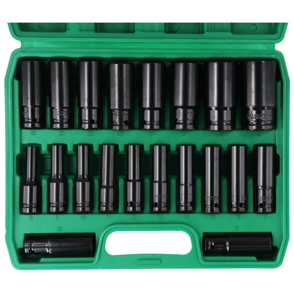 Podofo 20PCs 1/2'' Drive 6-Point Impact Socket Set 8-32mm Metric Sizes Carbon Steel  Impact Wrench Nut Set With Storage Box