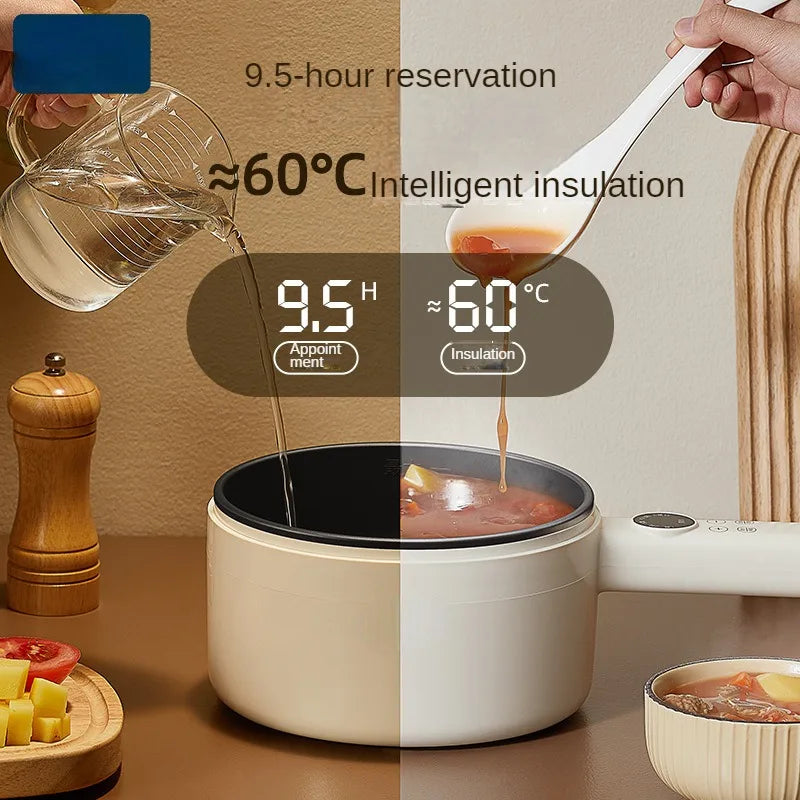 White multi cooker with open lid and black inner pot as liquid is poured