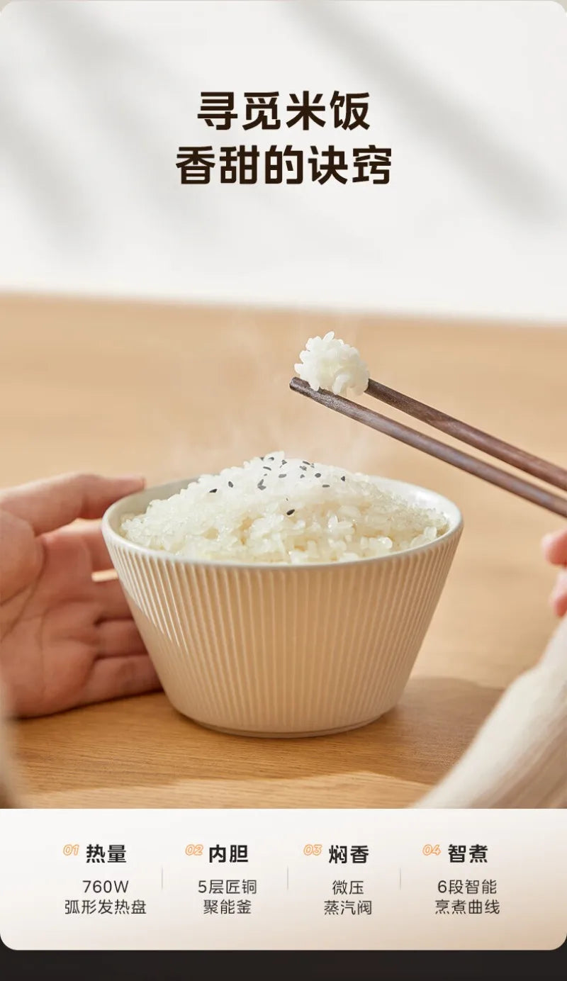 Rice cooker meal: white bowl of steamed rice with chopsticks