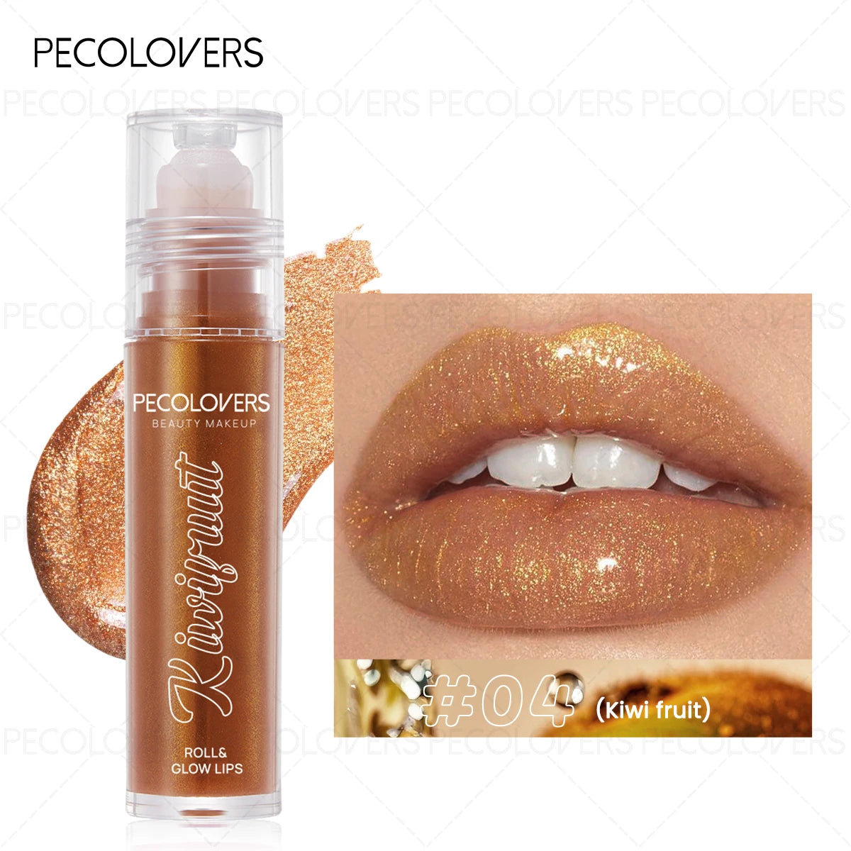 PECOLOVERS shimmering bronze moisturizing lip gloss in Kiwi Fruit shade for a lasting, radiant, natural lip makeup look.