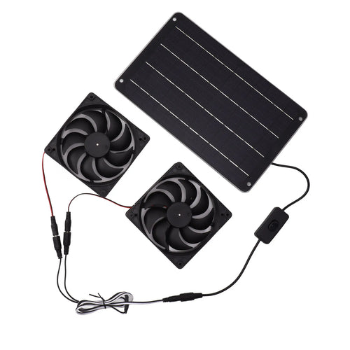 Solar-powered dual fan kit with two black cooling fans, solar panel, and wiring