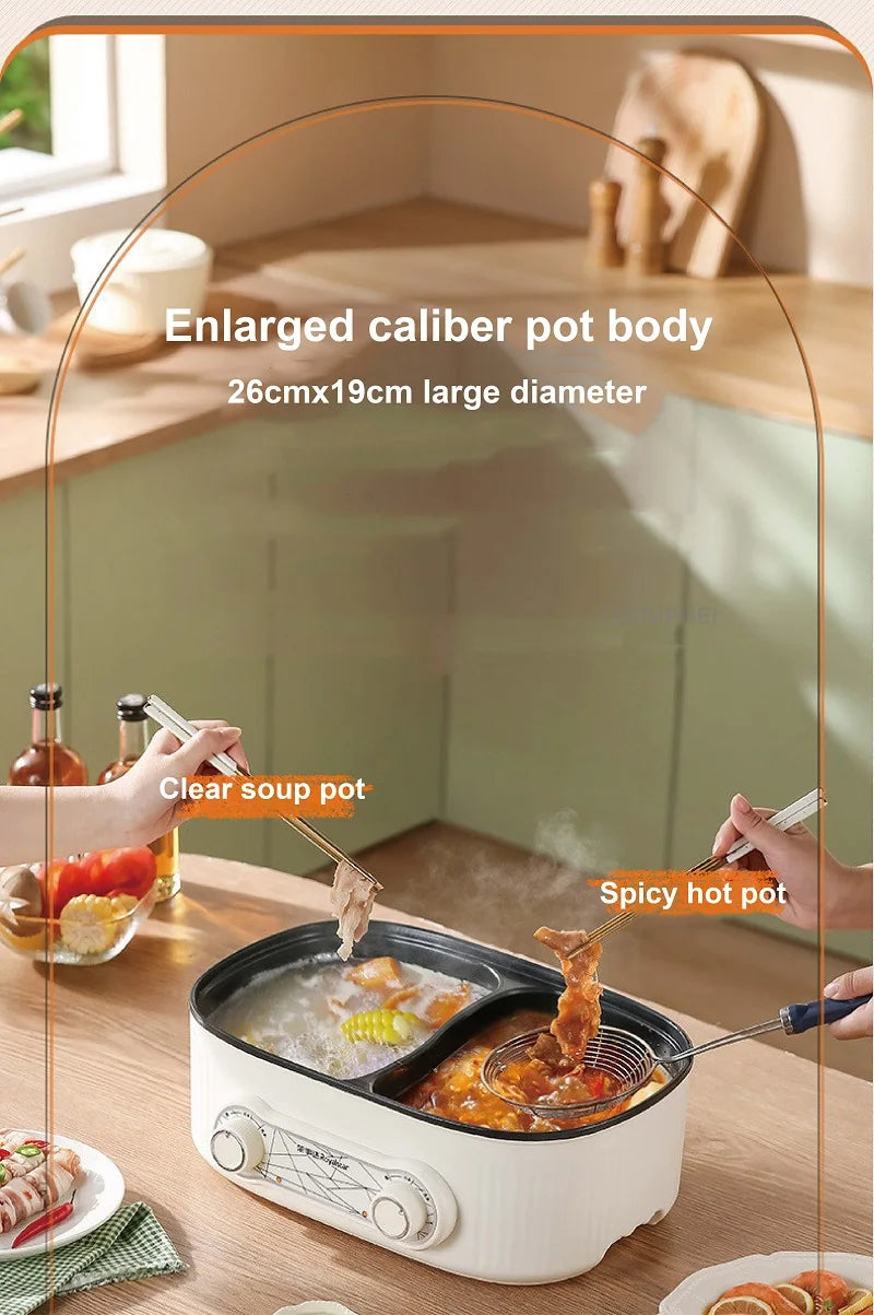 White dual-compartment electric hot pot with clear soup and spicy hot food, open top