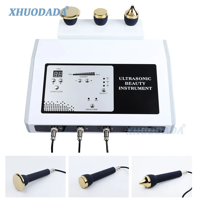 3-in-1 ultrasonic facial device with digital controls, gold probe heads, and cords for anti-aging and spot removal.