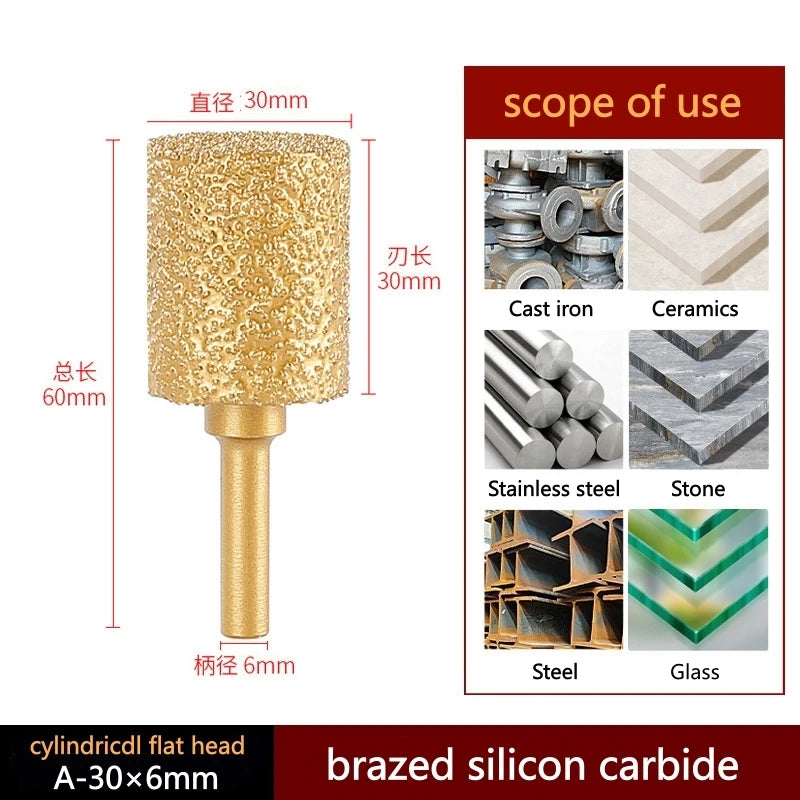 Brazed silicon carbide cylindrical flat head, 30mm diameter, 6mm shank