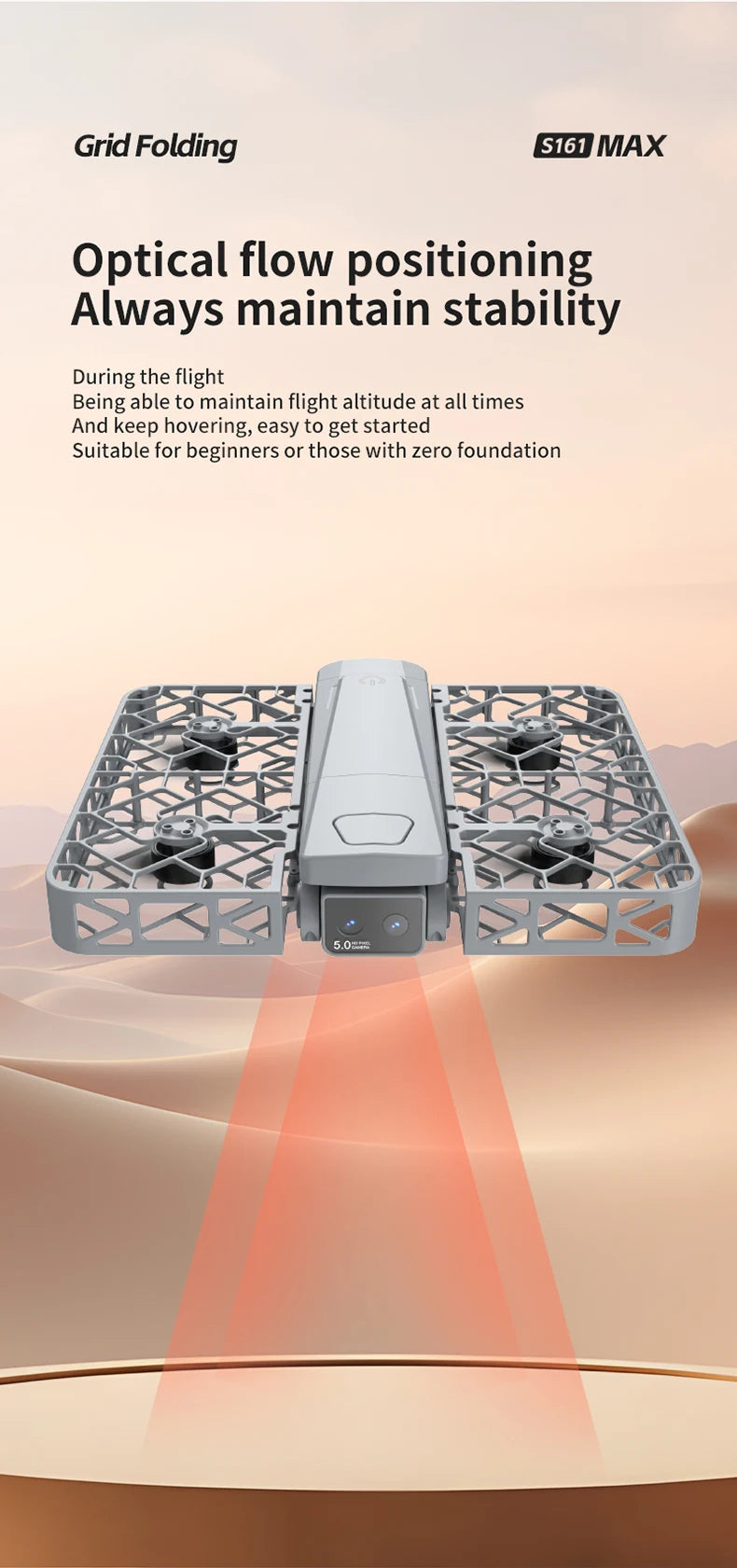 S161 MAX grey folding drone with protective propeller guards and optical flow sensor for stable flight.