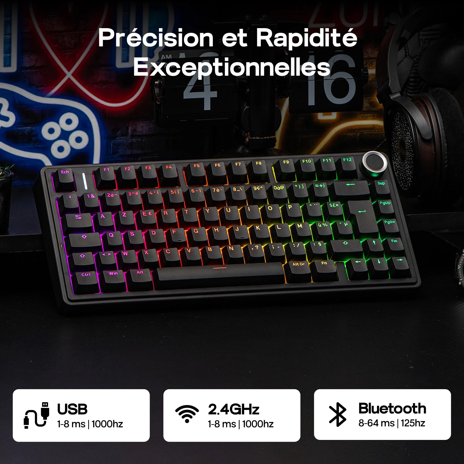 ISO-FR Layout AULA F75 75% AZERTY French Layout Wired/Bluetooth/2.4G Wireless Mechanical Gaming Keyboard RGB Backlighting 4000mAh Battery For Win/Mac