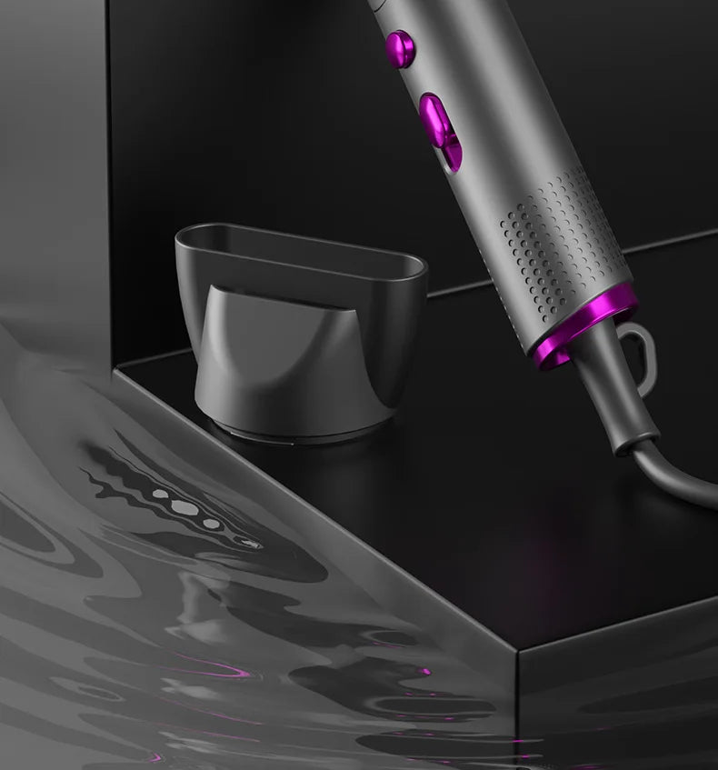 Grey and purple 2400W foldable hair dryer with concentrator nozzle for professional styling and silent drying.