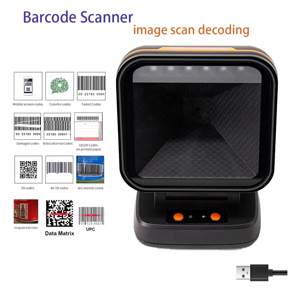 Front view desktop barcode scanner with square scan window, black housing and orange trim